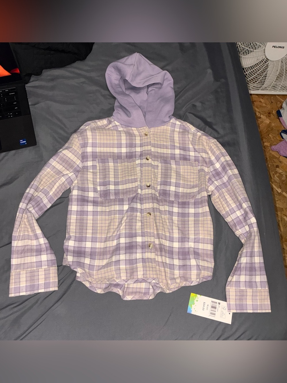 Girls' Lavender Plaid Hooded Jean-Style Jacket